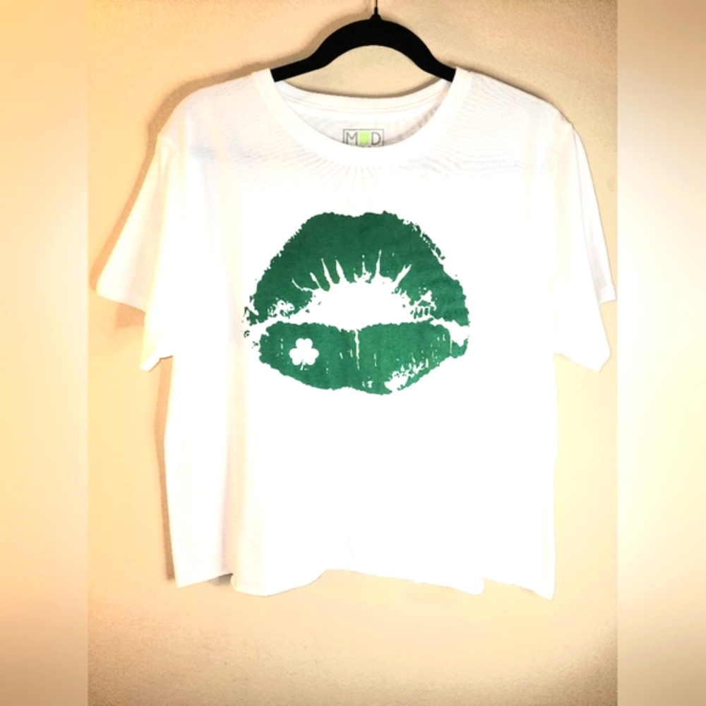 White Tee with Green Lip Print